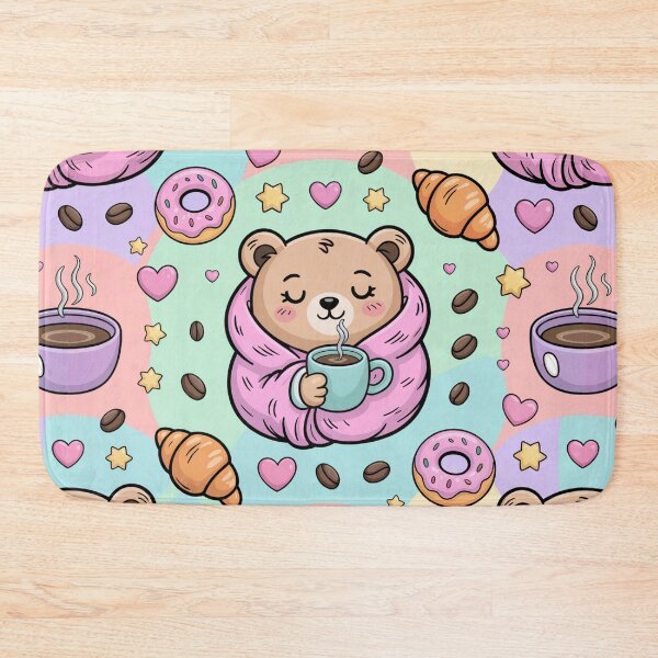 Item preview, Sleepy Bear Coffee Artwork - Cute Cuddly Bear in Blanket with Donuts and Croissants on Pastel Background designed and sold by YourSocialBae.