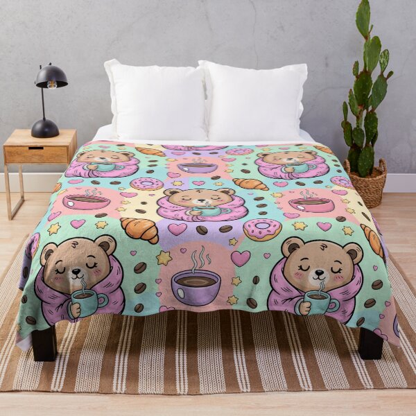 Item preview, Sleepy Bear Coffee Artwork - Cute Cuddly Bear in Blanket with Donuts and Croissants on Pastel Background designed and sold by YourSocialBae.