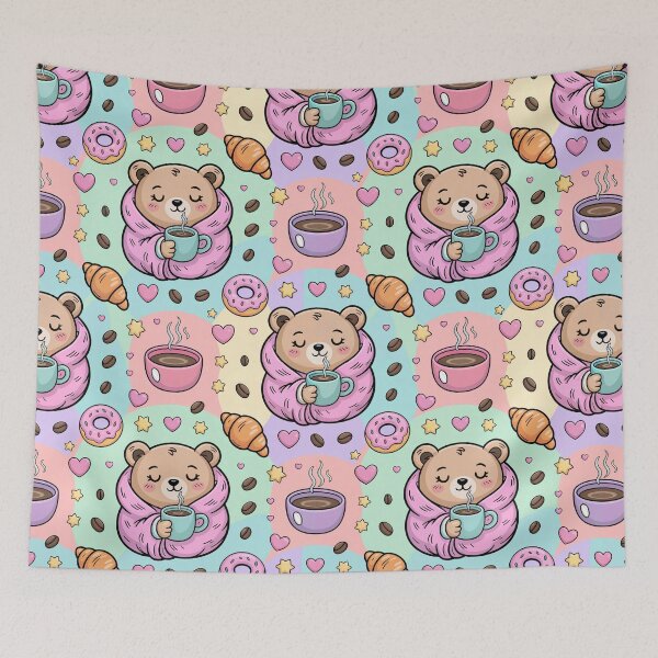 Item preview, Sleepy Bear Coffee Artwork - Cute Cuddly Bear in Blanket with Donuts and Croissants on Pastel Background designed and sold by YourSocialBae.