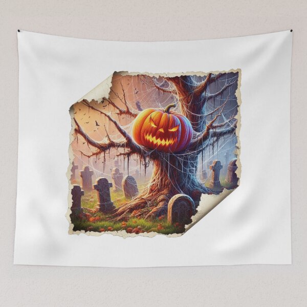 Item preview, Angry pumpkin on an old tree, covered with a web, and around the tree many graves designed and sold by MadinaFatt.