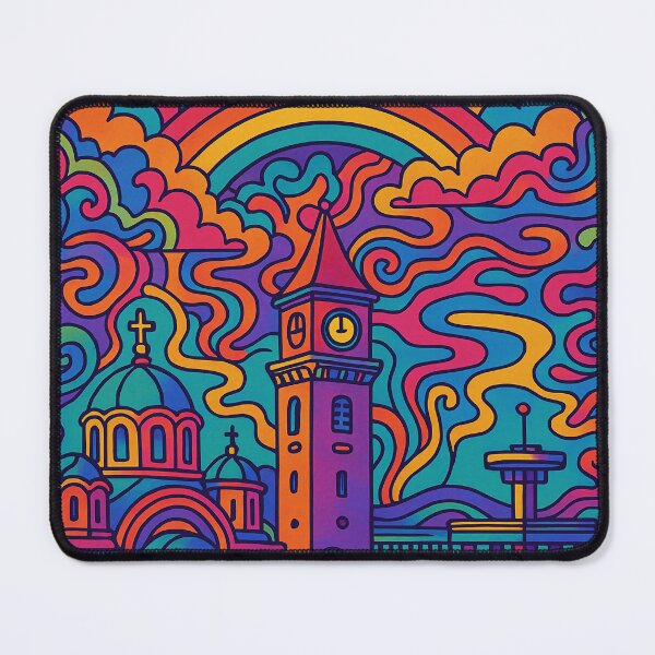 Item preview, Psychedelic Cityscape of Burgas | Colorful Retro Bulgaria Travel Poster | Trippy Black Sea Wall Art | Surreal Coastal & Urban Illustration | Vibrant Cityscape Artwork designed and sold by PaintedPixels01.