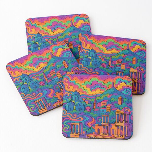 Item preview, Psychedelic Cityscape of Plovdiv | Colorful Retro Bulgaria Travel Poster | Trippy Historic Wall Art | Surreal Old Town & Urban Illustration | Vibrant Bohemian Artwork designed and sold by PaintedPixels01.