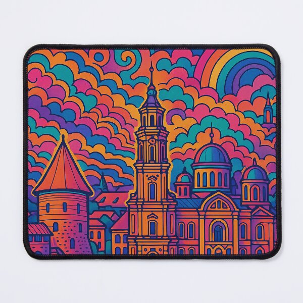 Item preview, Psychedelic Cityscape of Kaunas | Colorful Retro Lithuania Travel Poster | Trippy Urban & Historic Wall Art | Surreal River & City Illustration | Vibrant Bohemian Artwork designed and sold by PaintedPixels01.