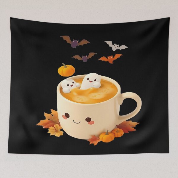 Item preview, "Kawaii Pumpkin Spice Latte – Pumpkin Latte with Cute Ghosts and Bats | Cozy Halloween Fall Illustration". designed and sold by Ralek.