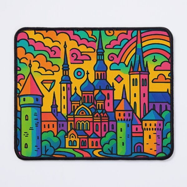Item preview, Psychedelic Cityscape of Tallinn | Colorful Retro Estonia Travel Poster | Trippy Medieval Old Town Wall Art | Surreal Coastal & Urban Illustration | Vibrant Bohemian Artwork designed and sold by PaintedPixels01.