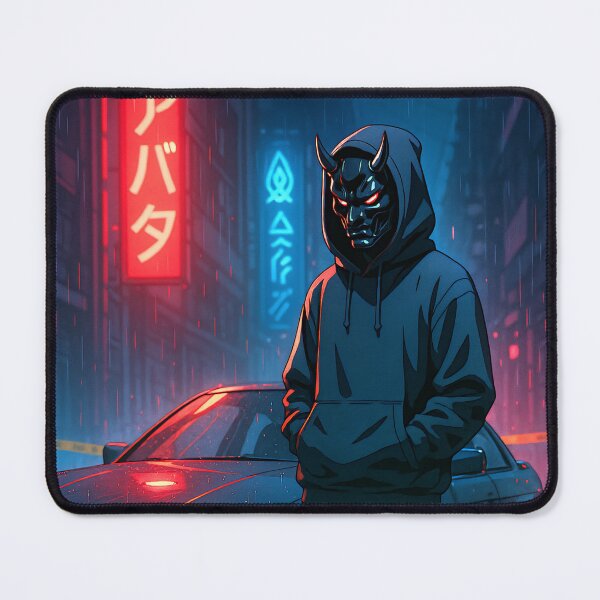 Item preview, Oni Driver – Anime Man with Mask and JDM Car in Neon Rain designed and sold by PosterFuel.