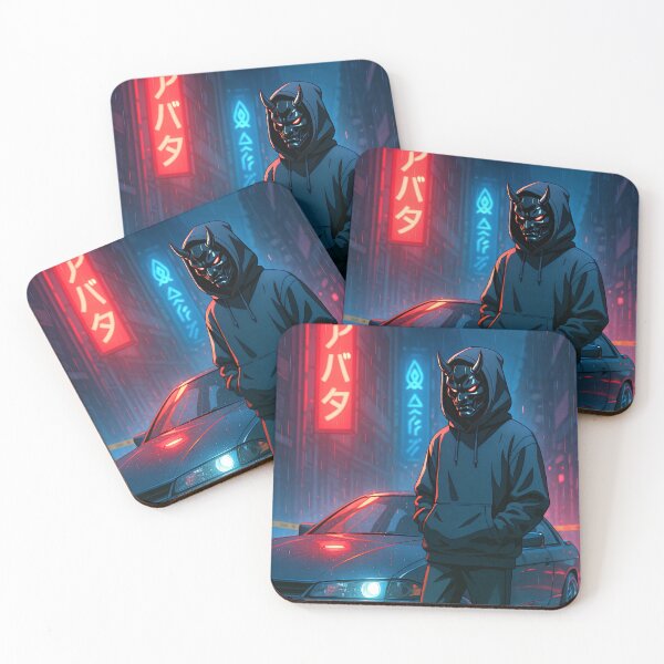 Item preview, Oni Driver – Anime Man with Mask and JDM Car in Neon Rain designed and sold by PosterFuel.