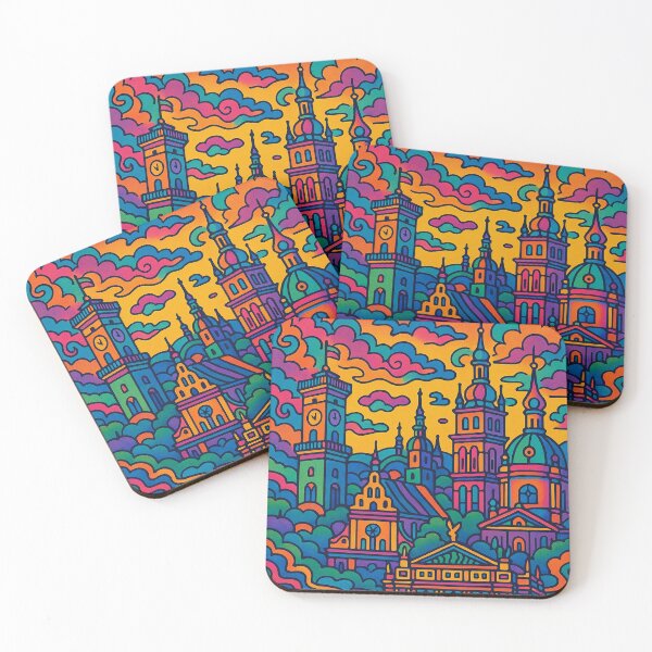 Item preview, Psychedelic Cityscape of Lviv | Colorful Retro Ukraine Travel Poster | Trippy Historic Old Town Wall Art | Surreal Squares & Architecture Illustration | Vibrant Bohemian Artwork designed and sold by PaintedPixels01.