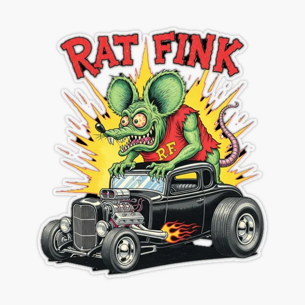 Rat Fink and a black 1932 Ford hot rod with flames in the exhaust