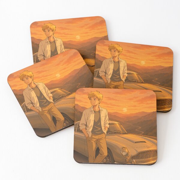 Item preview, Stylish Anime Traveler with Classic Car in Golden Sunset designed and sold by PosterFuel.