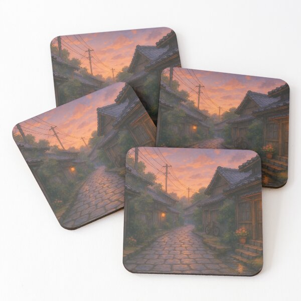 Item preview, Tranquil Japanese Village Street at Sunset – Cozy Lantern Light & Stone Pathway (Anime Lo-fi Style) designed and sold by PosterFuel.