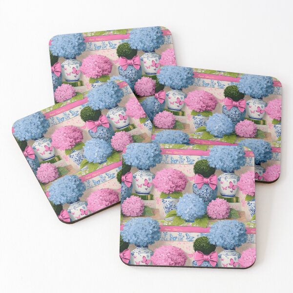Item preview, Grandmillennial art, hydrangea in ginger jars and pink bows designed and sold by SophieClimaArt.