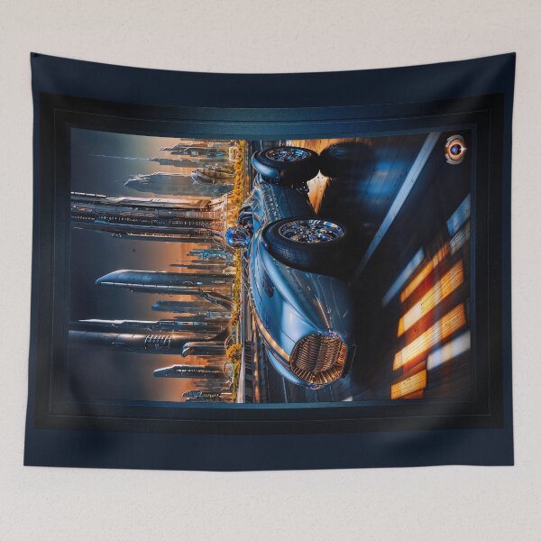 Item preview, Blue Magnum Gold Star Racer Amidst A Futuristic Cityscape Astounding AI Concept Art by Xzendor7 designed and sold by Xzendor7 Digital Art Creations.