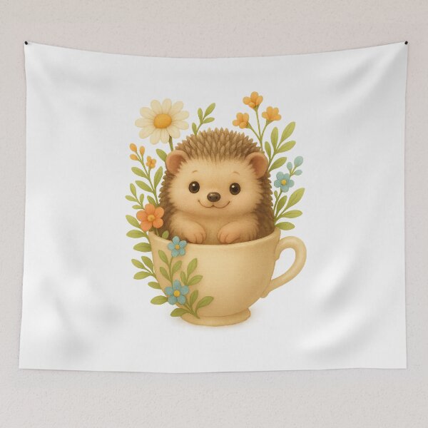 Item preview, Adorable Hedgehog in Teacup with Wildflowers  - Cute Cottagecore 3D Art designed and sold by Moons Studio.