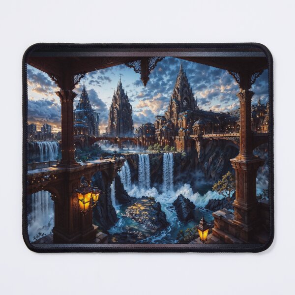 Item preview, Gothic Architecture Of The Majestic City of Aeneron Falls Astonishing Landscape AI Concept Art by Xzendor7 designed and sold by Xzendor7 Digital Art Creations.