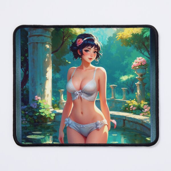Artikelvorschau, Eine Anime-Frau, die anmutig in einem ruhigen Gartenteich steht. Verführerische KI-Konzeptkunst von Xzendor7 entworfen und verkauft von Xzendor7 Digital Art Creations.