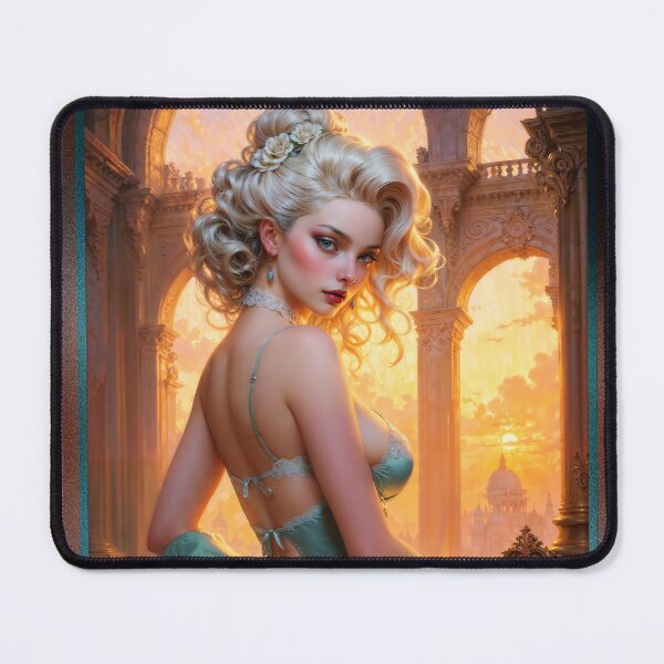 Item preview, Captivating Rococo-Style Platinum Blonde Beauty In Aqua Green Satin Lingerie AI Concept Art by Xzendor7 designed and sold by Xzendor7 Digital Art Creations.
