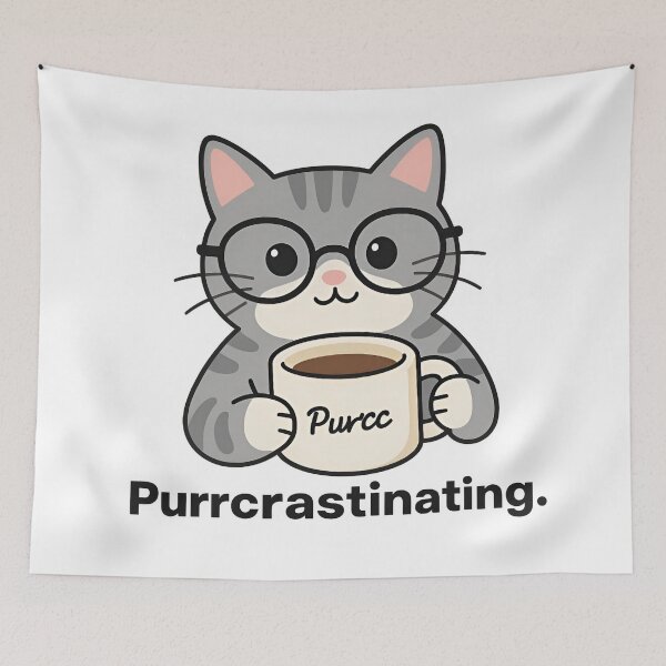 Item preview, Funny Gray Tabby Cat “Purrcrastinating” – Cute Coffee Cat Design designed and sold by Uglyandcute.