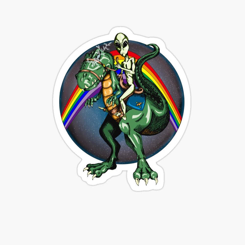 Alien On Dinosaur, In Front Of Rainbow Sticker