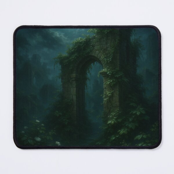Item preview, Moonlit Botanical Ruins • Overgrown Gothic Garden Arch & Forgotten Stone Statues in Misty Nightlight Fantasy Wall Art designed and sold by fairmaiden7.