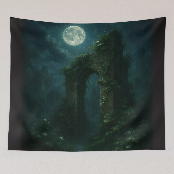 Item preview, Moonlit Botanical Ruins • Overgrown Gothic Garden Arch & Forgotten Stone Statues in Misty Nightlight Fantasy Wall Art designed and sold by fairmaiden7.