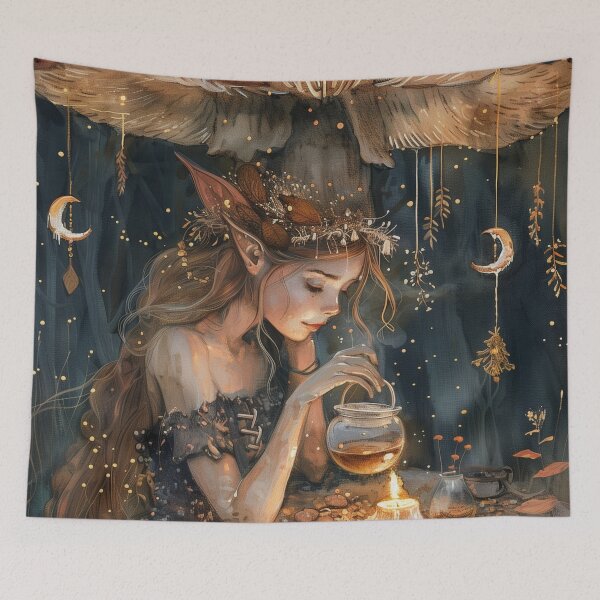 Item preview, Mushroom Fairy Brewing Herbal Tea – Cottagecore Art Print designed and sold by ArgentoArt.