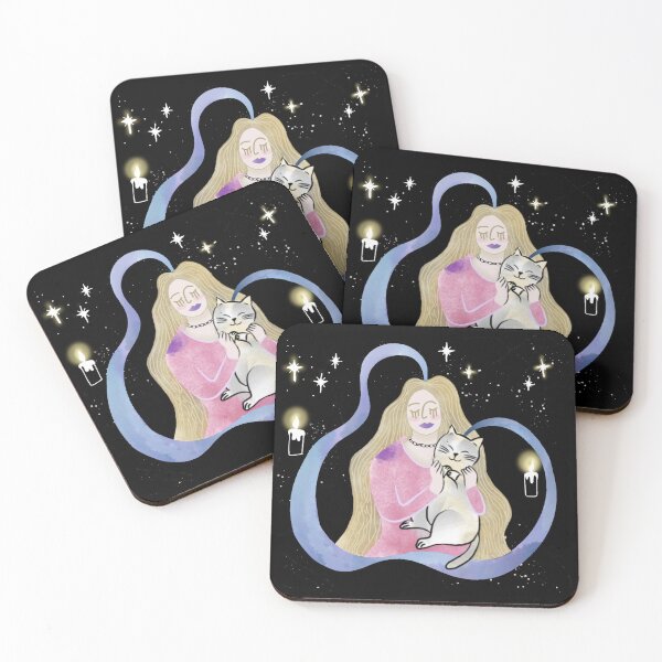 Item preview, Boho Celestial Girl with Cat Illustration – Starry Night and Candlelight Art designed and sold by spotia.