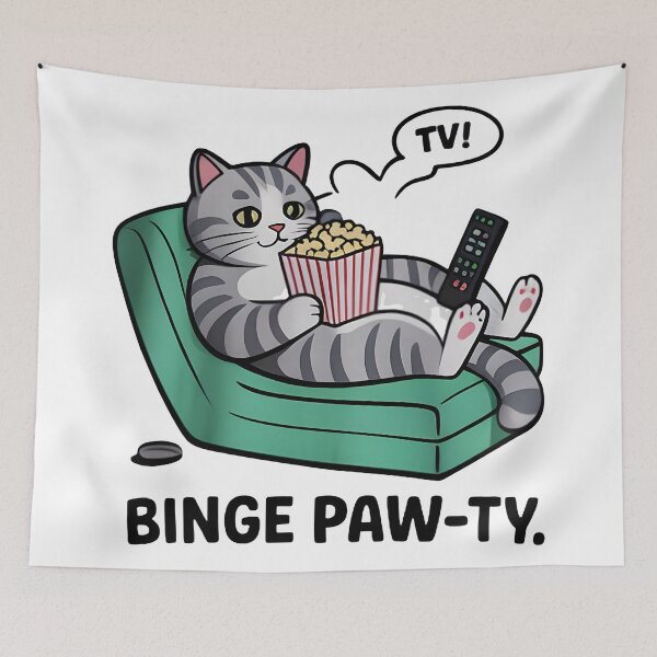 Item preview, Funny “Binge Paw-ty” Gray Tabby Cat designed and sold by Uglyandcute.