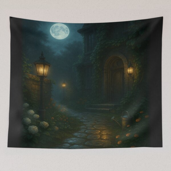 Item preview, Sendero de Jardín Iluminado por la Luna hacia la Mansión • Flores Iluminadas por Faroles de Gas & Muros Cubiertos de Hiedra en Arte Fantástico Nocturno designed and sold by fairmaiden7.