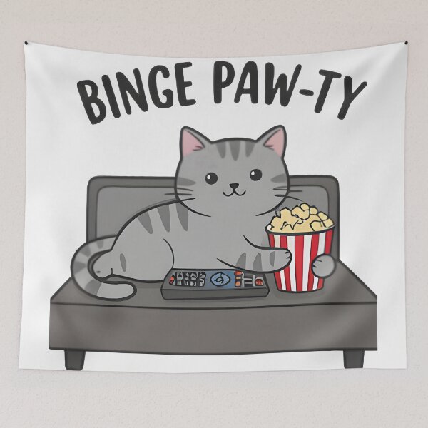 Item preview, Funny “Binge Paw-ty” Gray Tabby Cat designed and sold by Uglyandcute.