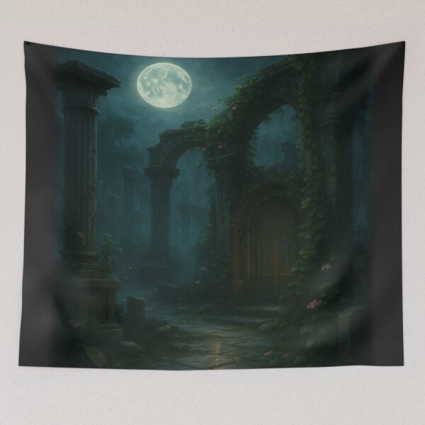 Item preview, Entrada al Invernadero en Ruinas Romanas • Arco Antiguo Cubierto de Hiedra & Sendero Botánico con Niebla Bajo la Luz de la Luna Arte de Pared Fantasía designed and sold by fairmaiden7.