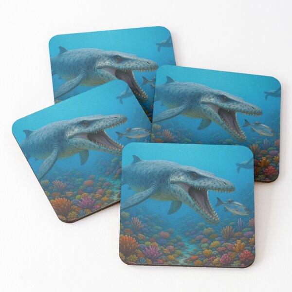 Item preview, Prehistoric Mosasaurus Hunting in Vibrant Coral Reef - Detailed Paleoart Ocean Scene designed and sold by CornerstonePics.