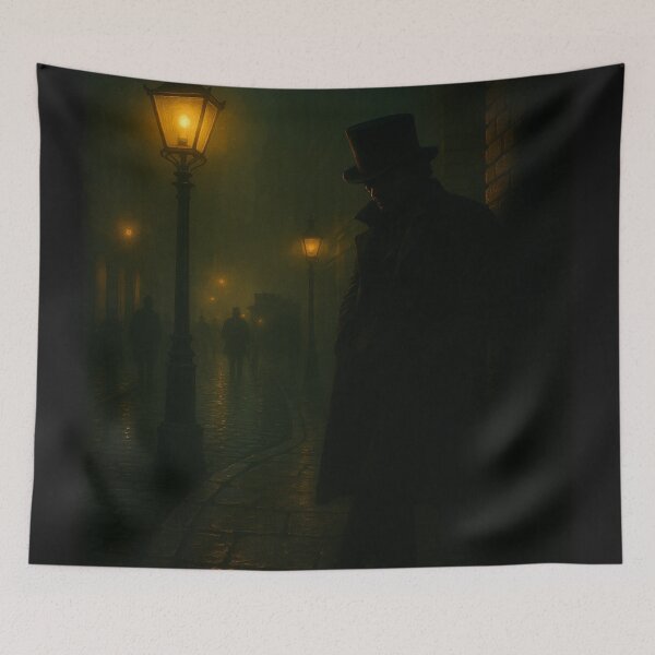 Item preview, Watcher in the Fog • Victorian Gaslamp Street Scene with Shadowy Figure & Gothic Mystery in Atmospheric Night Art designed and sold by fairmaiden7.