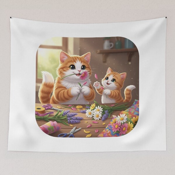 Item preview, A heartwarming illustration of a mother cat and her kitten arranging flowers designed and sold by catlovers2025.