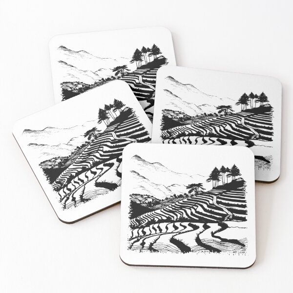 Item preview, Terraced Rice Fields Landscape – Serene Black and White Nature Sticker designed and sold by inkoutninja.