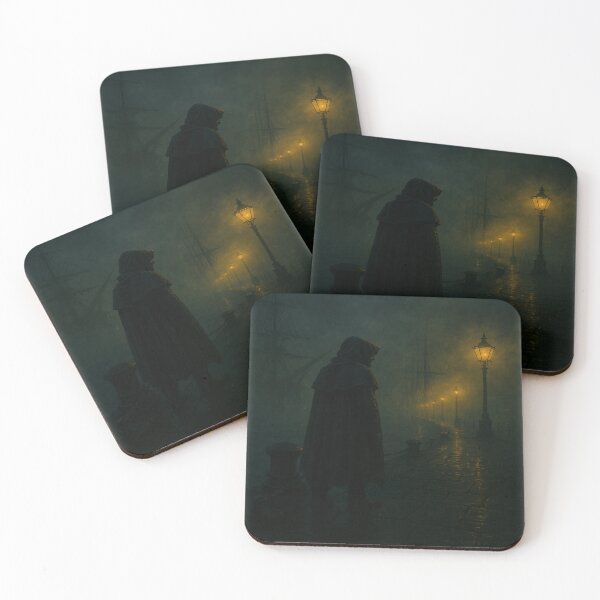Item preview, Harbor Phantom – Mysterious Cloaked Figure in Foggy Victorian Gaslamp Fantasy Scene designed and sold by fairmaiden7.