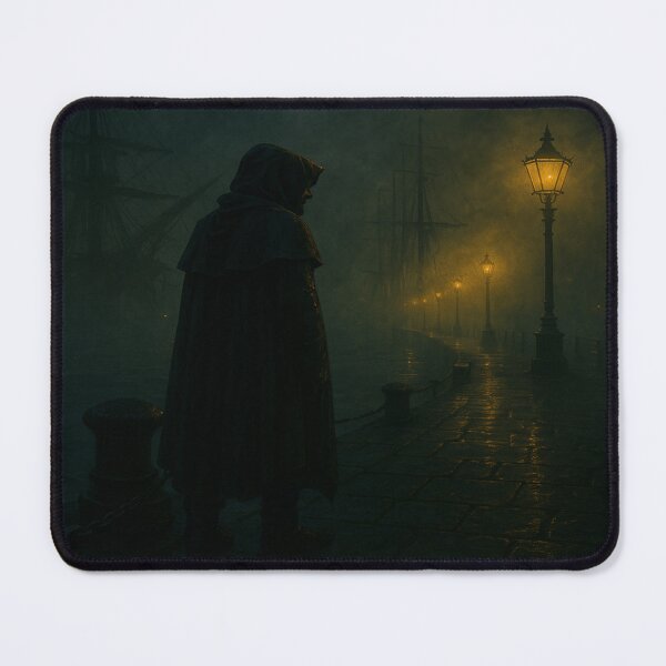 Item preview, Harbor Phantom – Mysterious Cloaked Figure in Foggy Victorian Gaslamp Fantasy Scene designed and sold by fairmaiden7.