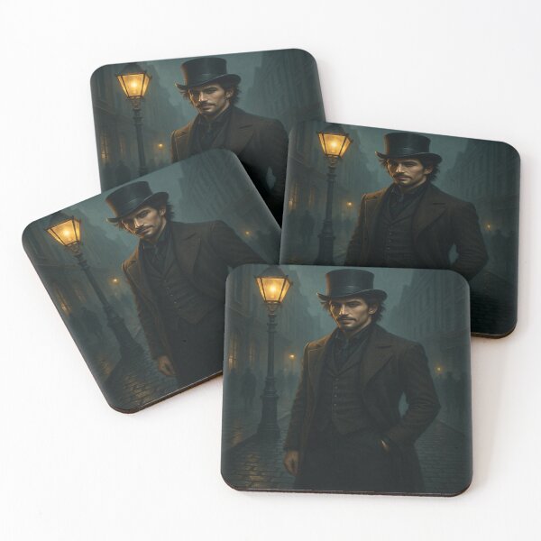 Item preview, "Gaslamp Alley Stranger – Mysterious Victorian Gentleman Emerging Through the Fog | Dark Fantasy & Gothic Street Scene Art" designed and sold by fairmaiden7.