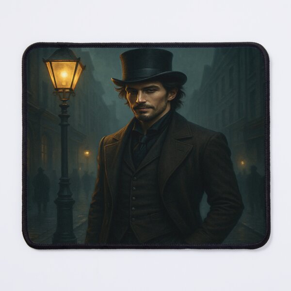 Item preview, "Gaslamp Alley Stranger – Mysterious Victorian Gentleman Emerging Through the Fog | Dark Fantasy & Gothic Street Scene Art" designed and sold by fairmaiden7.