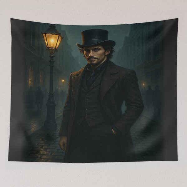 Item preview, "Gaslamp Alley Stranger – Mysterious Victorian Gentleman Emerging Through the Fog | Dark Fantasy & Gothic Street Scene Art" designed and sold by fairmaiden7.