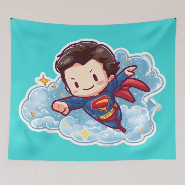 Item preview, Chibi superhero illustration flying in a starry sky designed and sold by LoomisDreams.