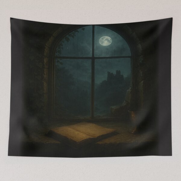 Item preview, Moonlit Tower Window – Mist Over the Forgotten Valley | Gothic Fantasy Interior designed and sold by fairmaiden7.
