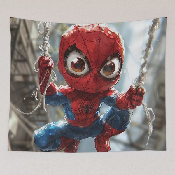 Item preview, Chibi masked hero illustration swinging between buildings designed and sold by LoomisDreams.