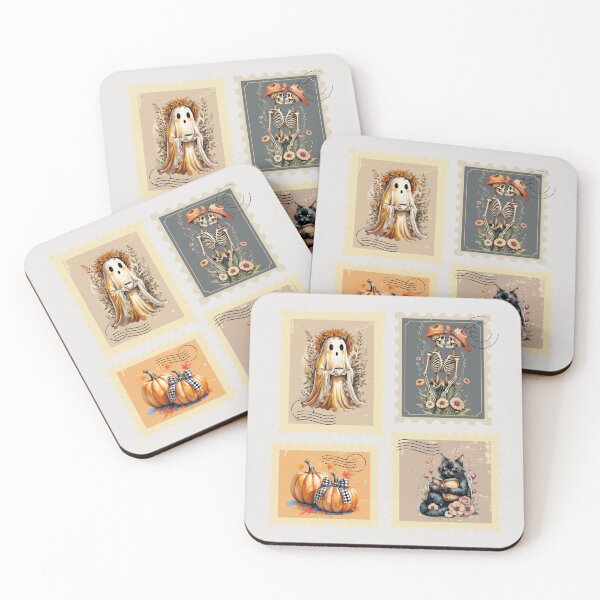Item preview, Vintage Autumn Halloween Postage Stamps, Cozy Ghost, Skeleton Couple, Pumpkins, Witchy Cat designed and sold by KolorellaS.
