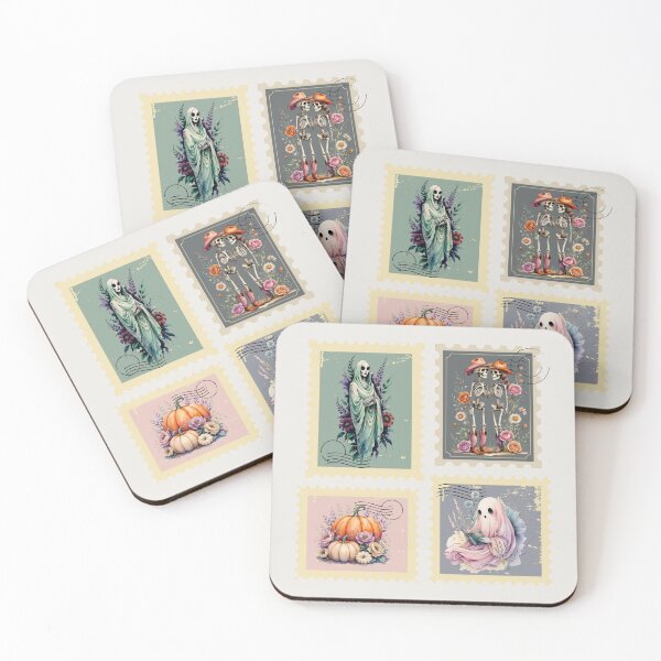 Item preview, Vintage Halloween Postage Stamp Set , Spooky Ghost, Skeleton Couple, Pumpkins, Grim Reaper designed and sold by KolorellaS.