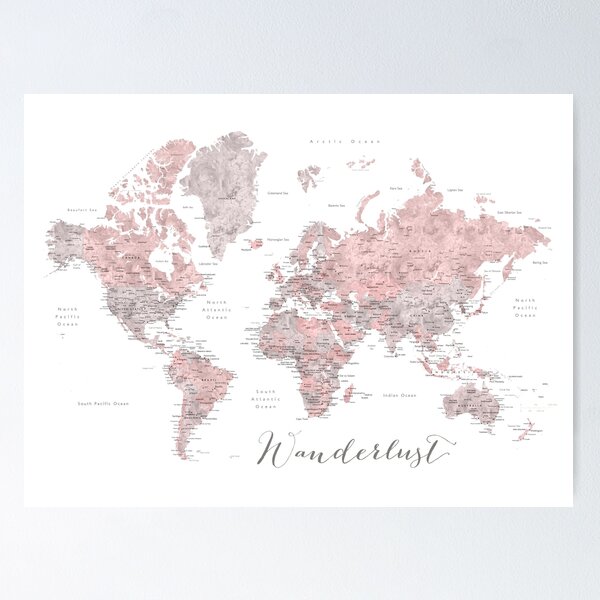 Item preview, Wanderlust - world map in dusty pink and grey watercolor designed and sold by blursbyai.