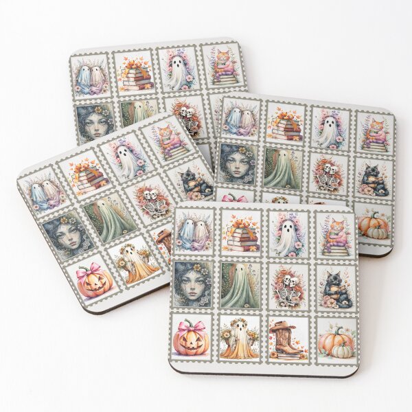 Item preview, Vintage Autumn Halloween Postage Stamps, Cozy Ghost, Skeleton Couple, Pumpkins, Witchy Cat designed and sold by KolorellaS.