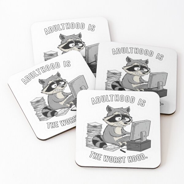 Item preview, Overwhelmed Raccoon - "Adulthood is the Worst Hood" Funny Sticker designed and sold by JossDesign15.