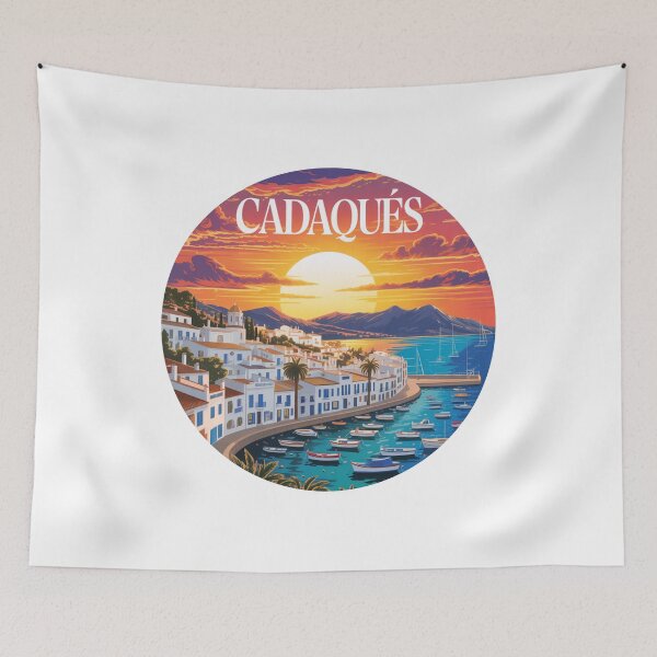 Item preview, Cadaqués Sunset Harbor – Mediterranean Coastal Town Illustration, Scenic Spain Travel Art designed and sold by CircinusStore.
