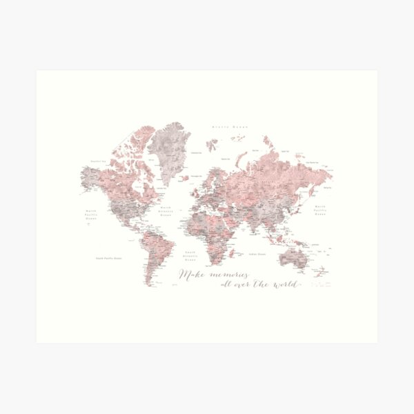 Vista previa del artículo con la obra «Crea recuerdos: mapa mundial en acuarela rosa polvoriento y gris», diseñado y vendido por blursbyai.